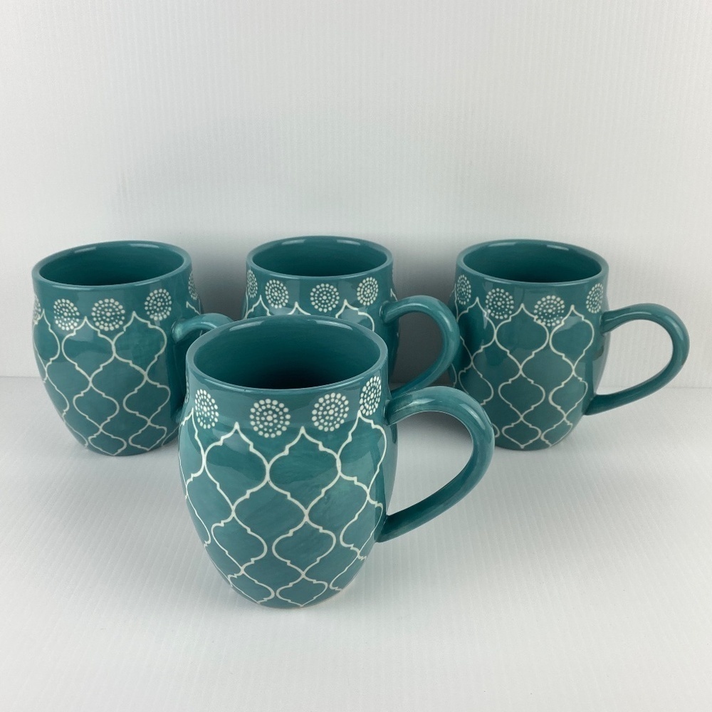 Baum Moroccan Large Turquoise Mugs Set of 4 Ceramic Coffee / Tea Cups 19 Oz - Picture 2 of 9